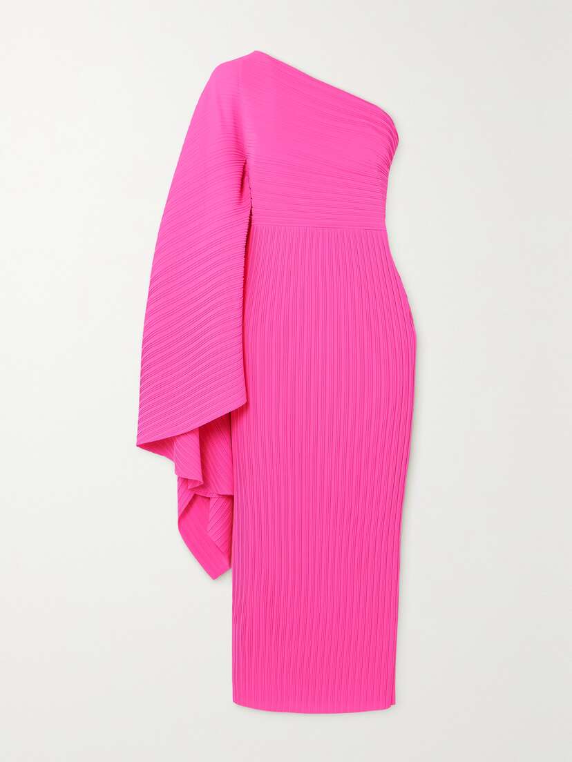 Solace London Lenna One-sleeve Draped Plissé-chiffon Midi Dress