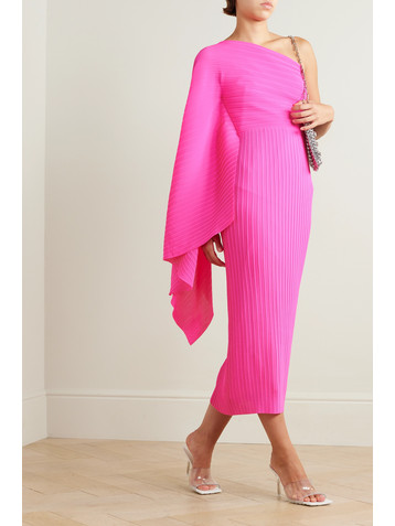 Solace London Lenna one-sleeve draped plissé-chiffon midi dress