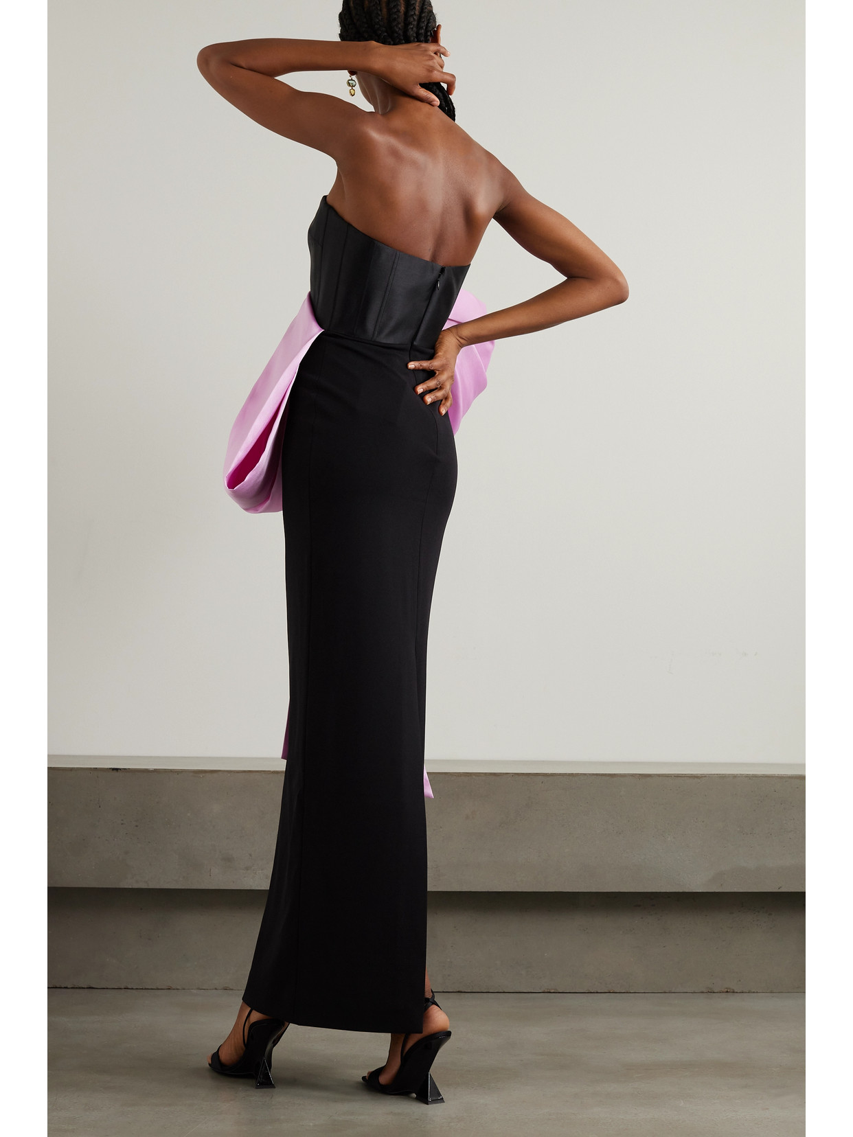 Solace London Maeve Strapless Satin-twill And Crepe Gown In Black