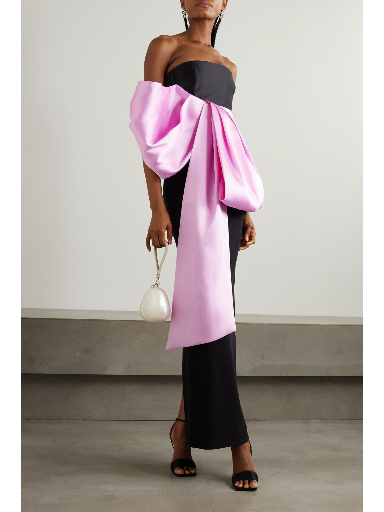 Solace London Maeve Strapless Satin-twill And Crepe Gown In Black