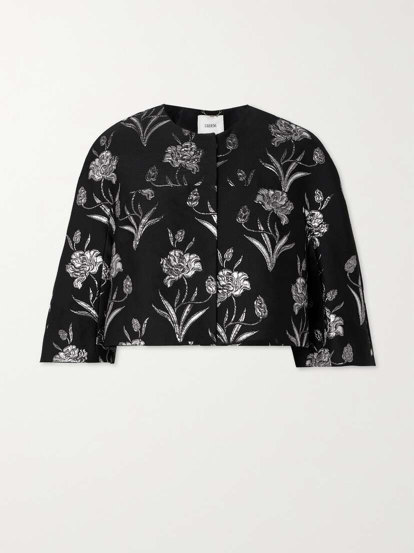 Erdem Cropped Metallic Floral-jacquard Jacket - UK 18