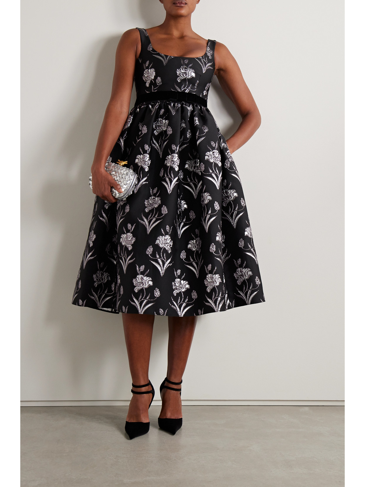 Erdem Womens Black Silver Floral-pattern Scoop-neck Midi Dress In Black