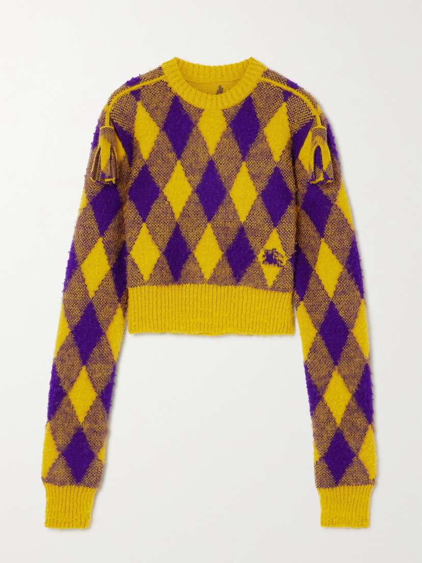 Burberry Cropped Tasseled Checked Wool Sweater