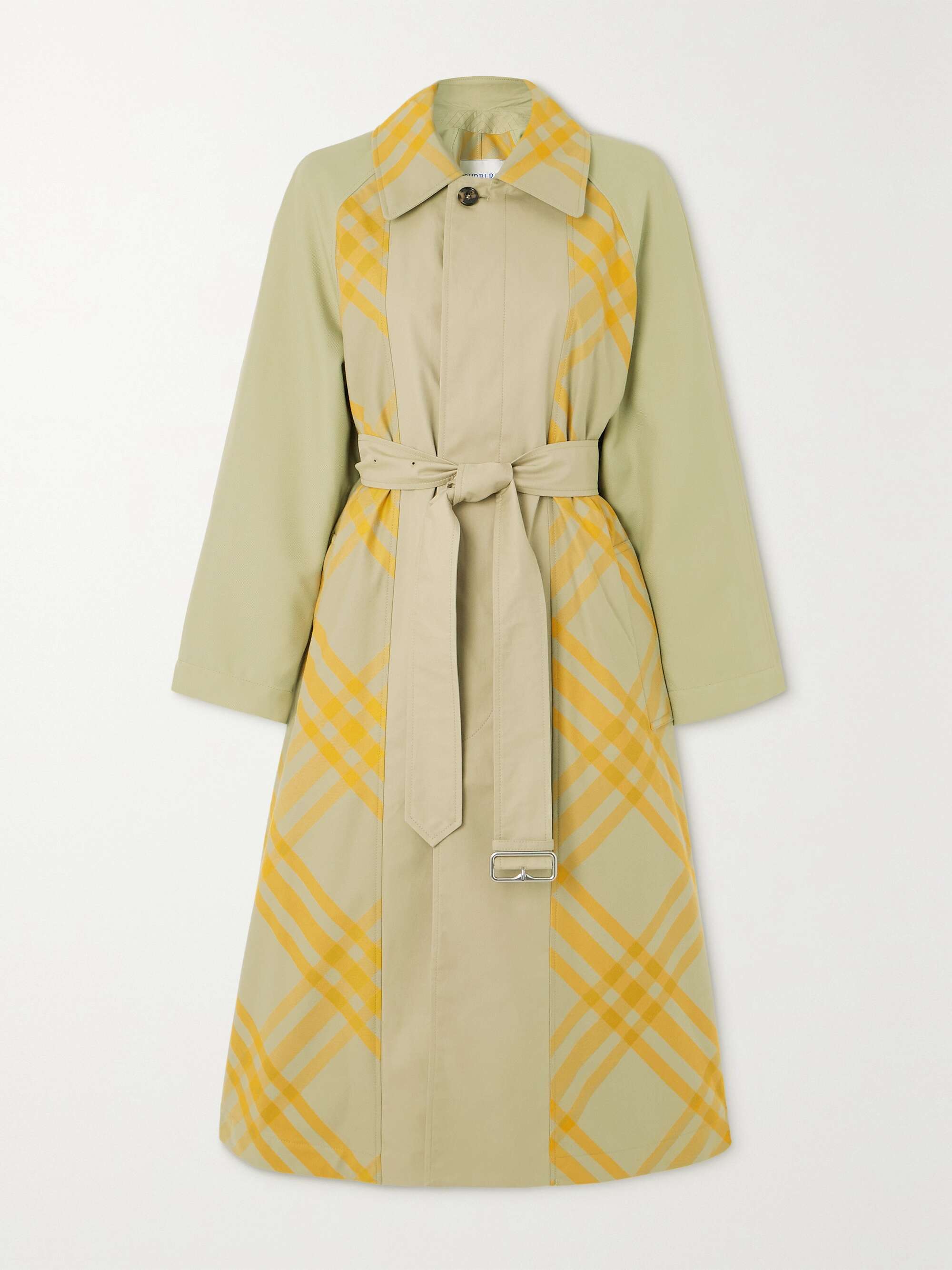 Appliqued belted checked cotton gabardine trench coat neutral UK 0