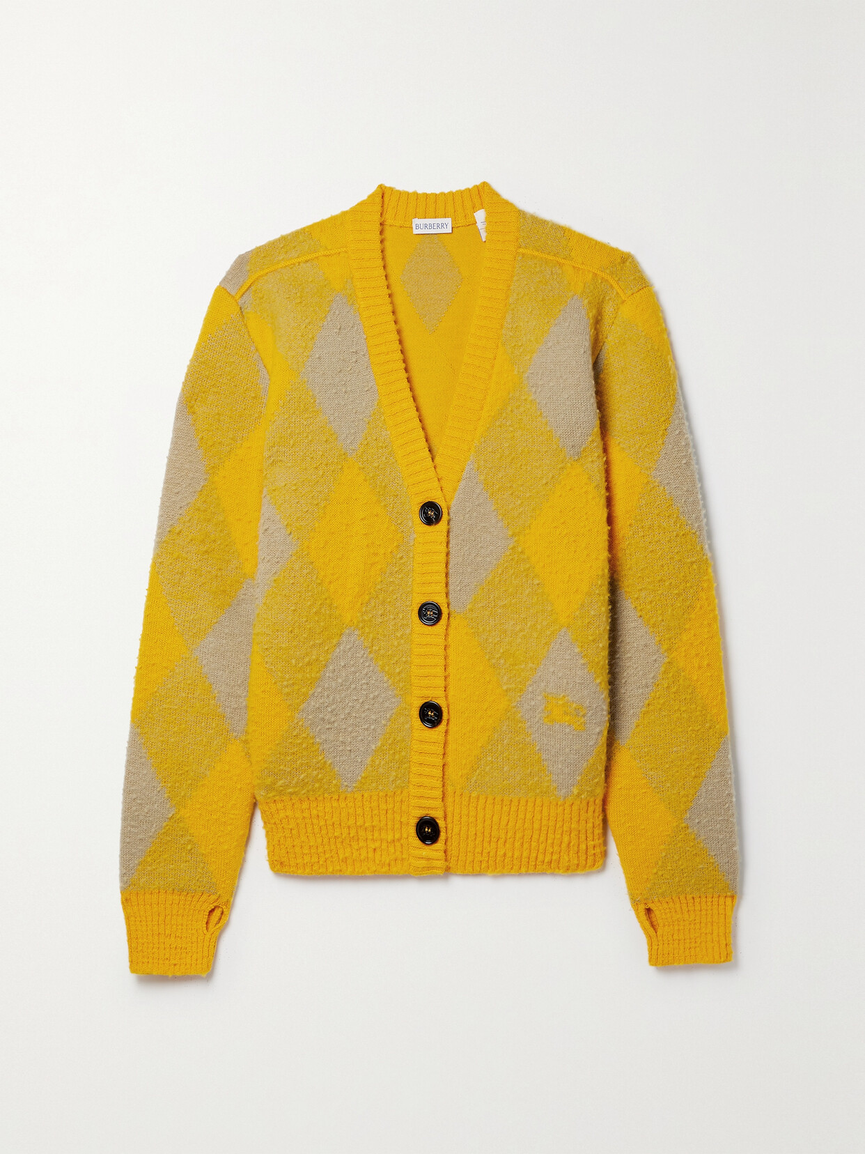 Shop Burberry Argyle Jacquard-knit Wool Cardigan In Yellow