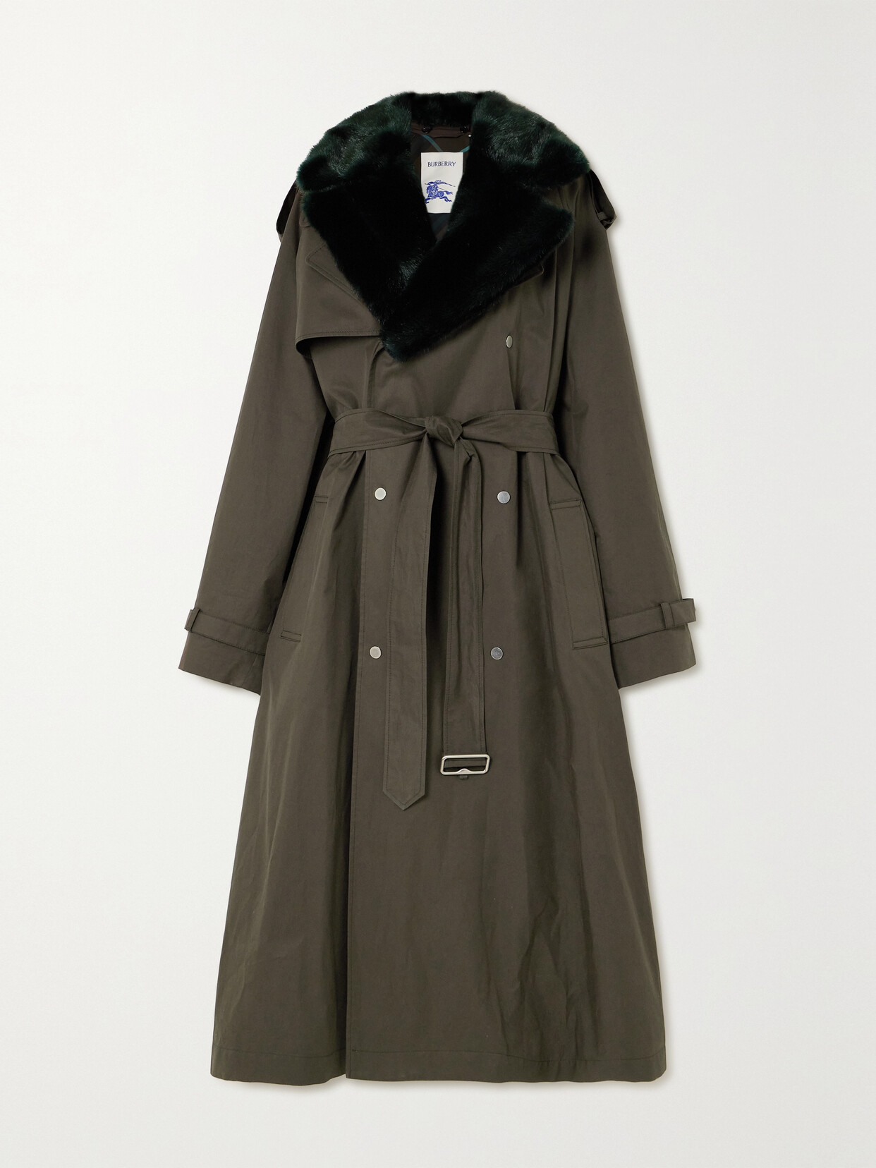 Burberry Convertible Faux Fur-trimmed Cotton-canvas Trench Coat In Green