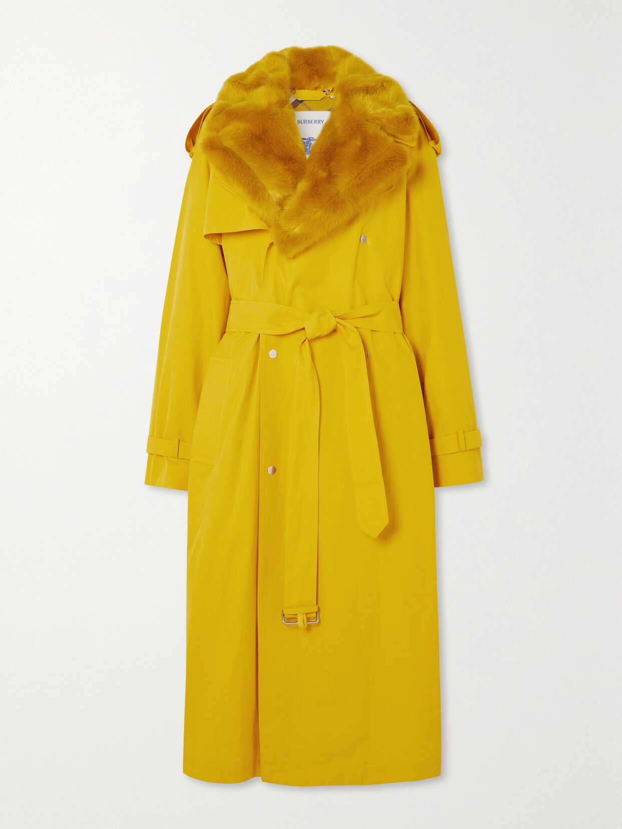 Burberry Oversized Faux Fur-trimmed Cotton-gabardine Trench Coat - Yellow