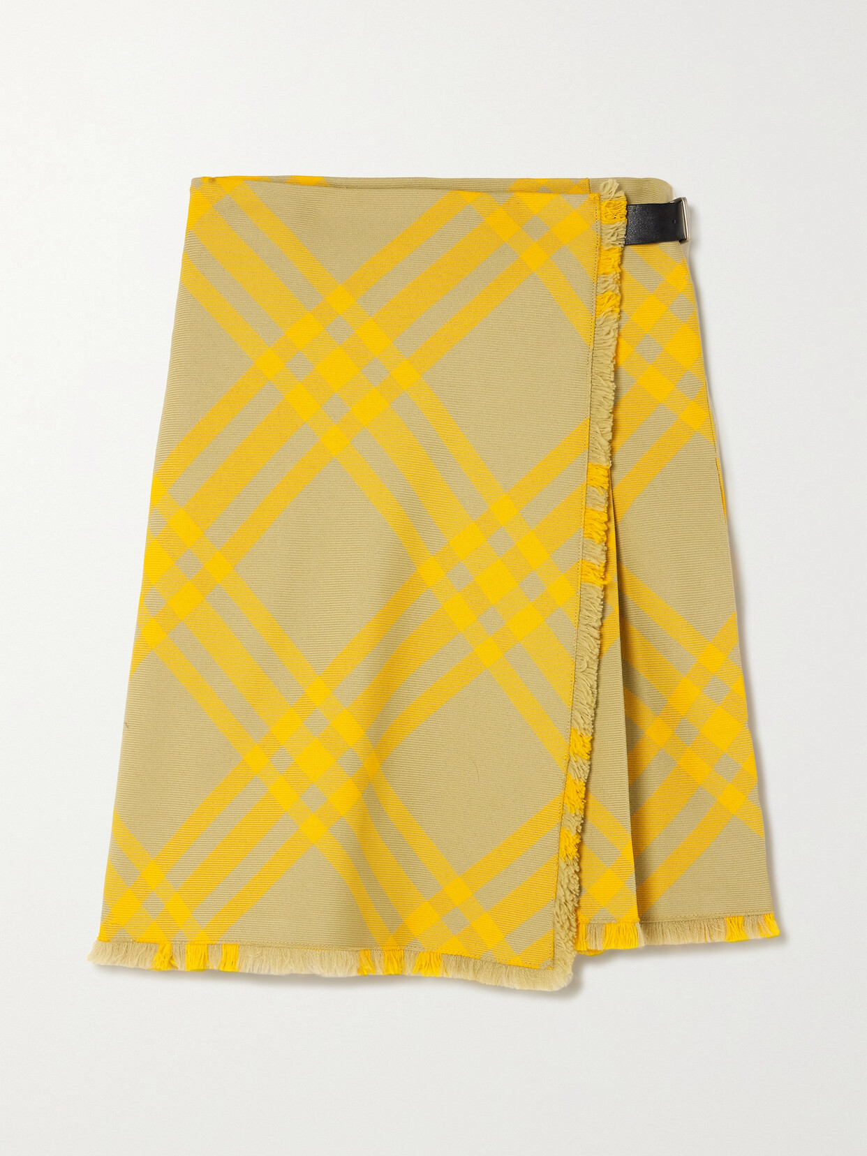 Shop Burberry Fringed Pleated Checked Woven Mini Wrap Skirt In Yellow