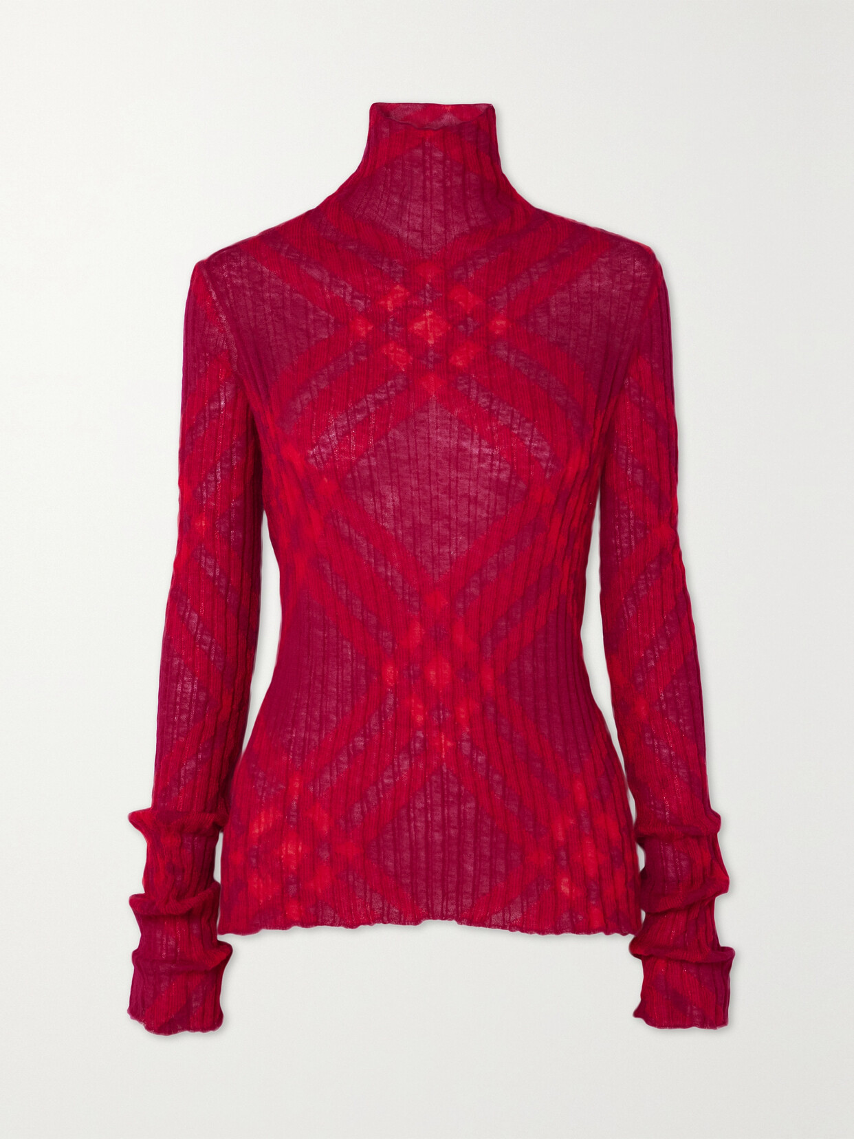 Shop Burberry Checked Ribbed Mohair-blend Turtleneck Sweater In Red