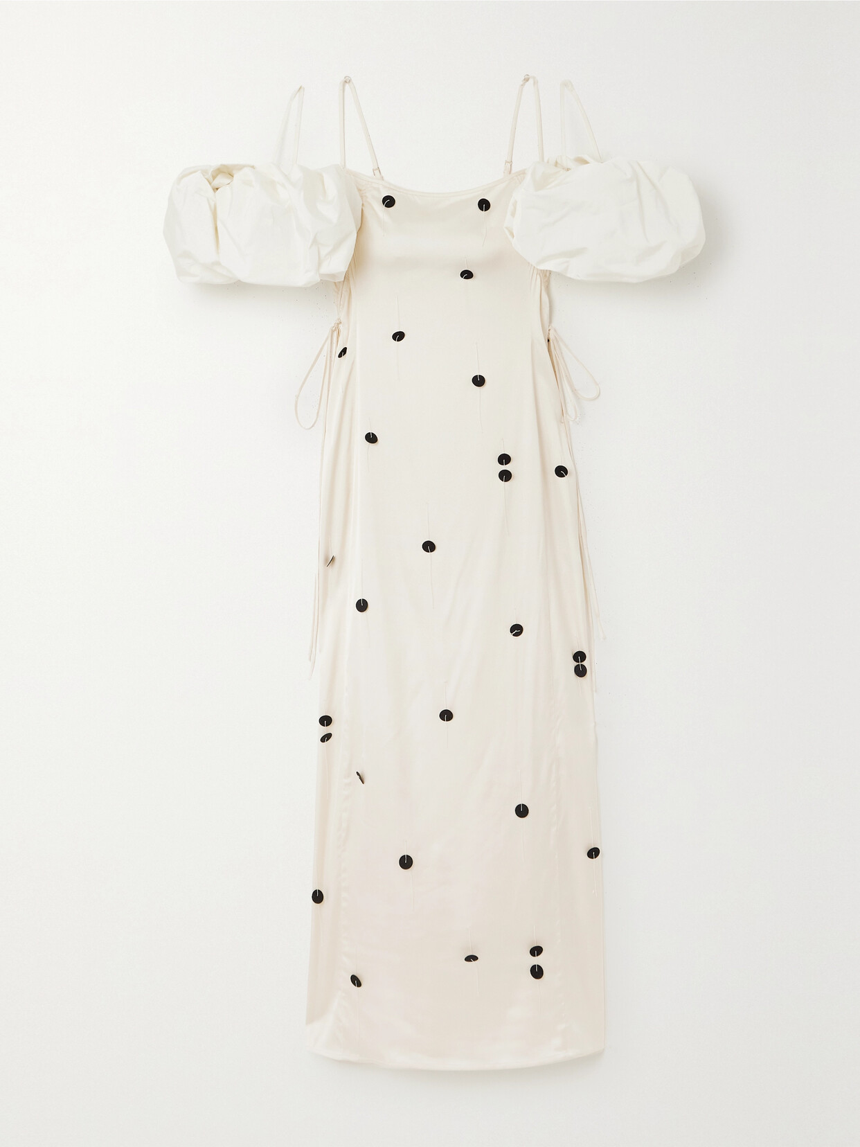 Jacquemus Chouchou Polka-dot Fringe Off-the-shoulder Puff-sleeve Midi Dress In White