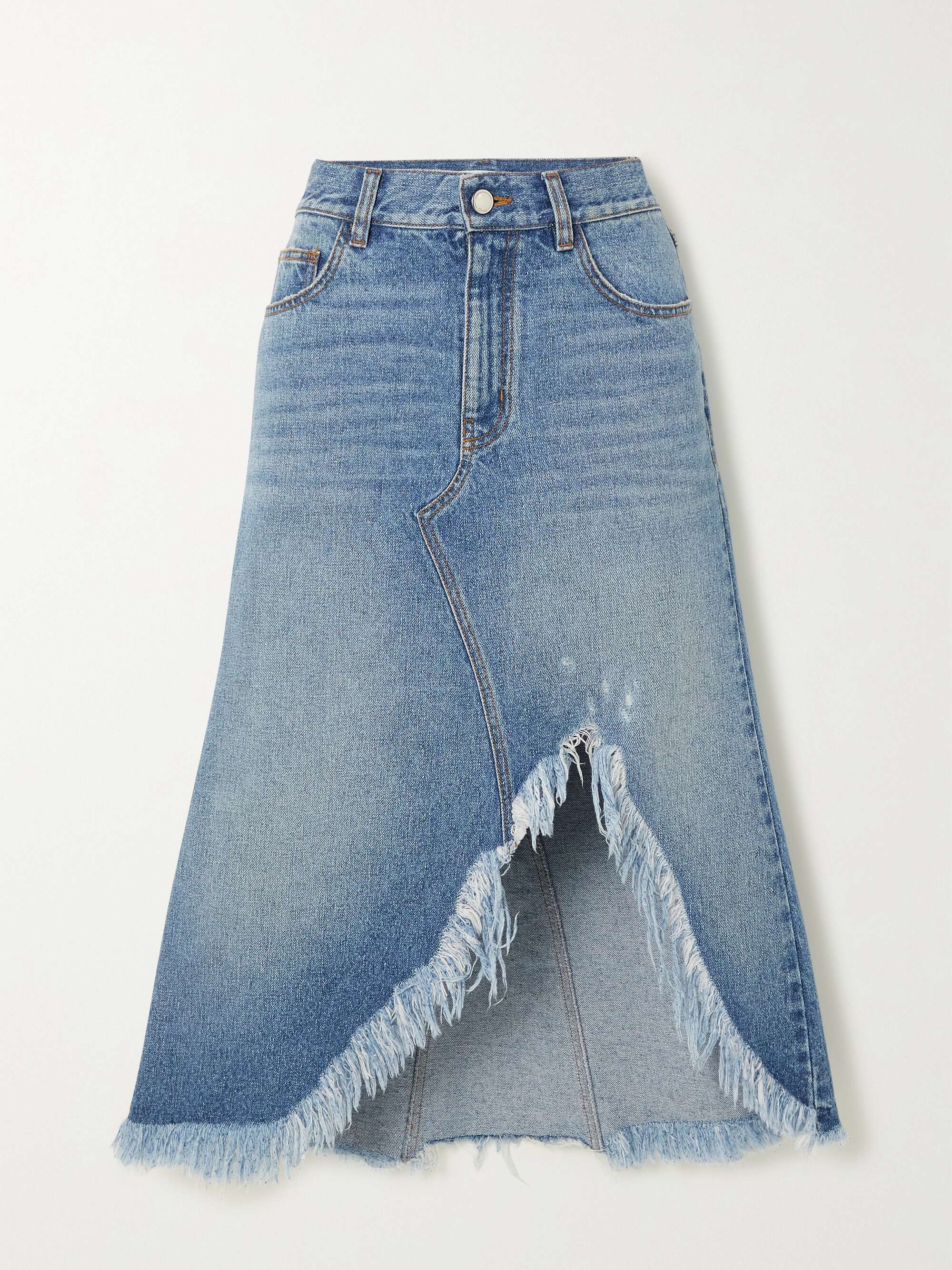 CHLOÉ Frayed asymmetric denim midi skirt | NET-A-PORTER