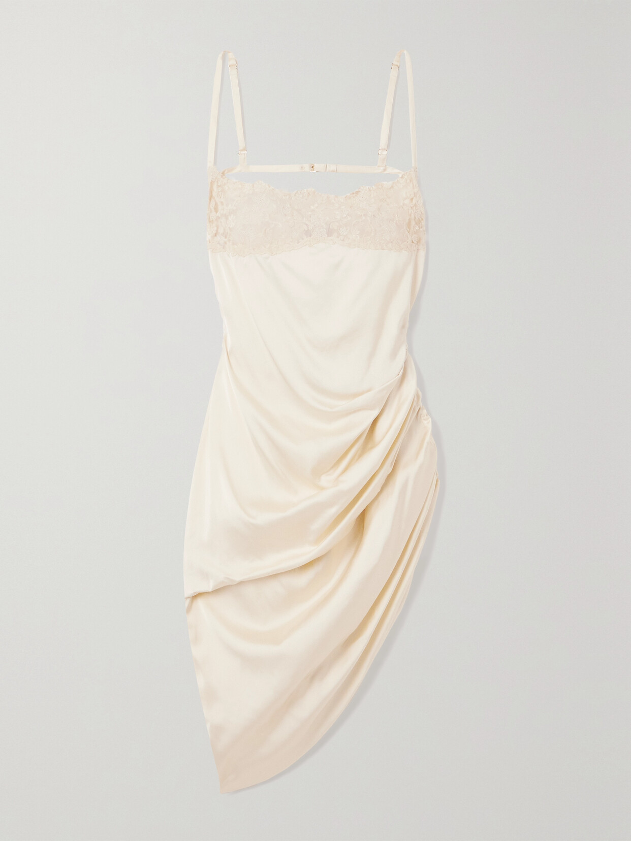 Jacquemus La Saudade Brodée Asymmetric Draped Lace-trimmed Satin Mini Dress - Off-white