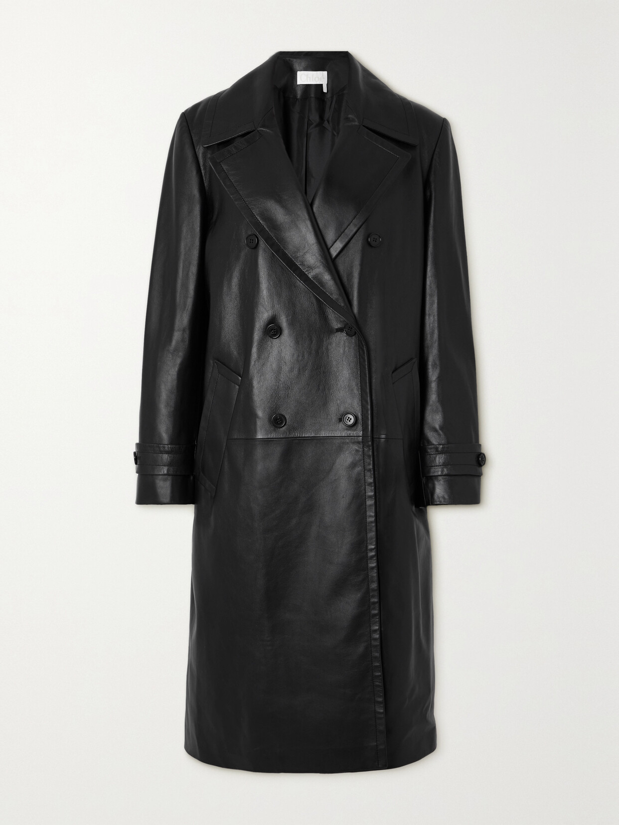 Chloé Double-breasted Shiny Leather Overcoat In Black