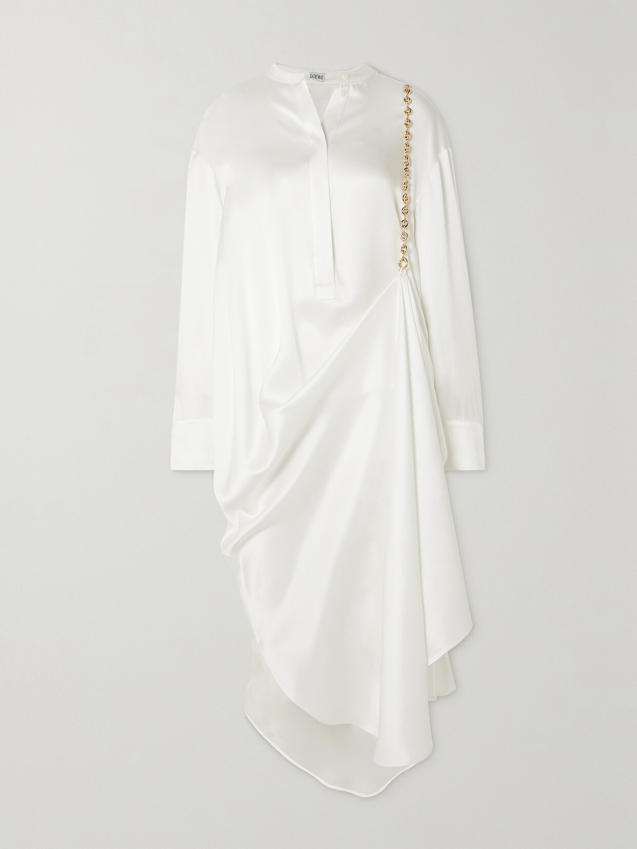 Loewe Draped Asymmetric Chain-embellished Silk-satin Shirt Dress In White