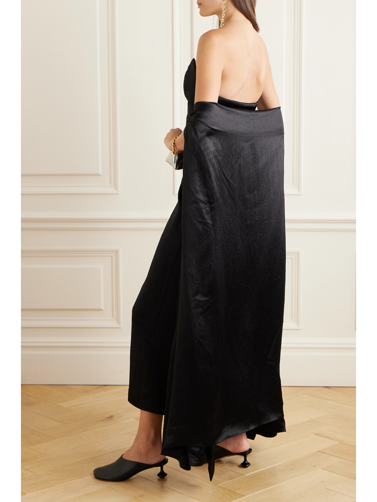 Shop Loewe Strapless Cape-effect Hammered-satin Gown In Black