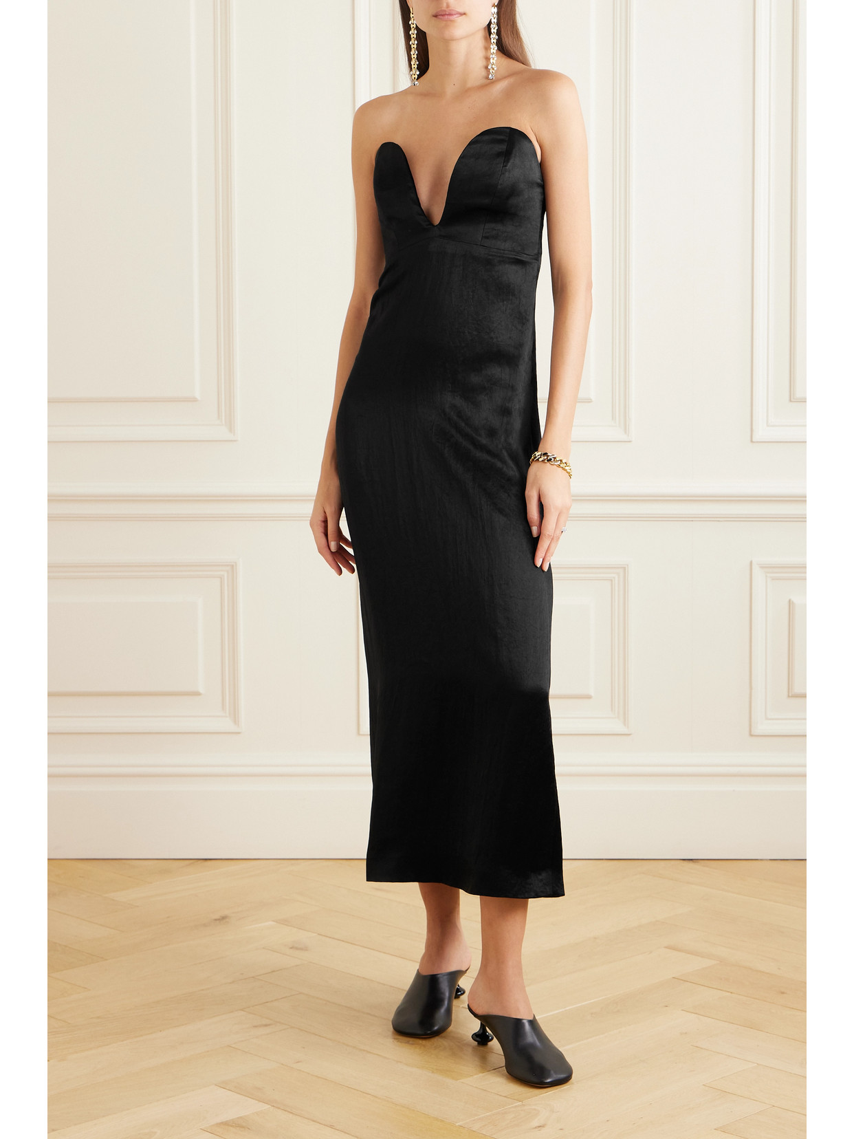 Shop Loewe Strapless Cape-effect Hammered-satin Gown In Black