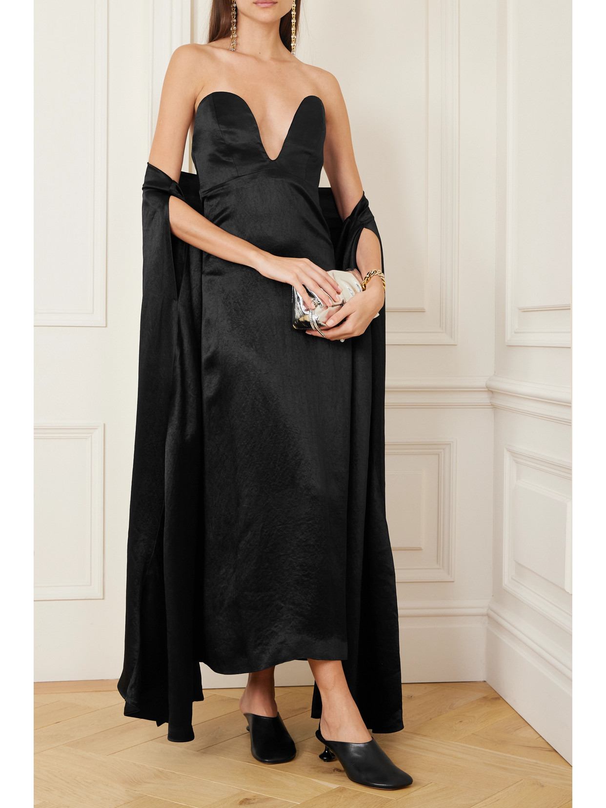 Shop Loewe Strapless Cape-effect Hammered-satin Gown In Black