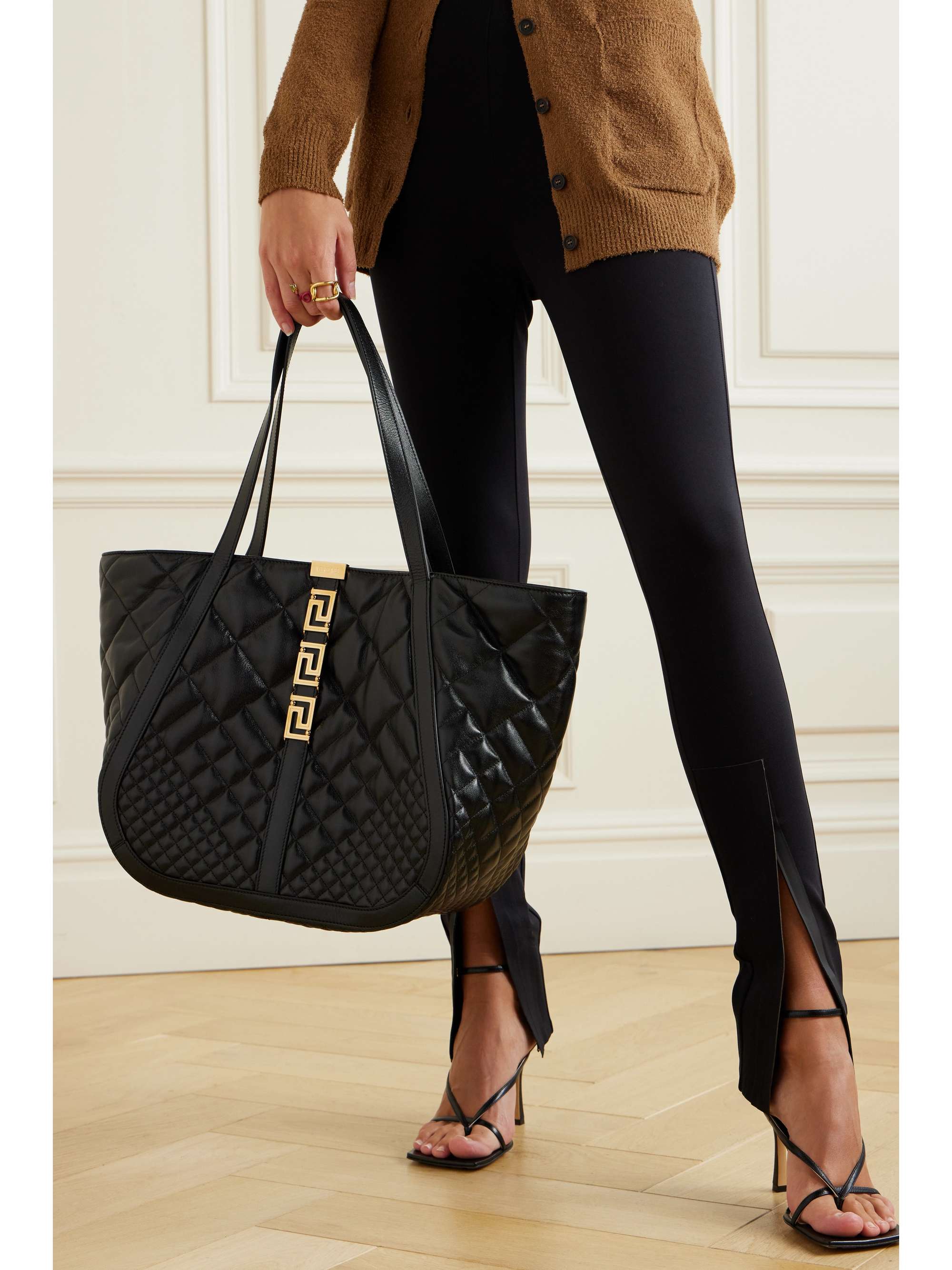 VERSACE Greca Goddess large embellished quilted leather tote | NET-A-PORTER