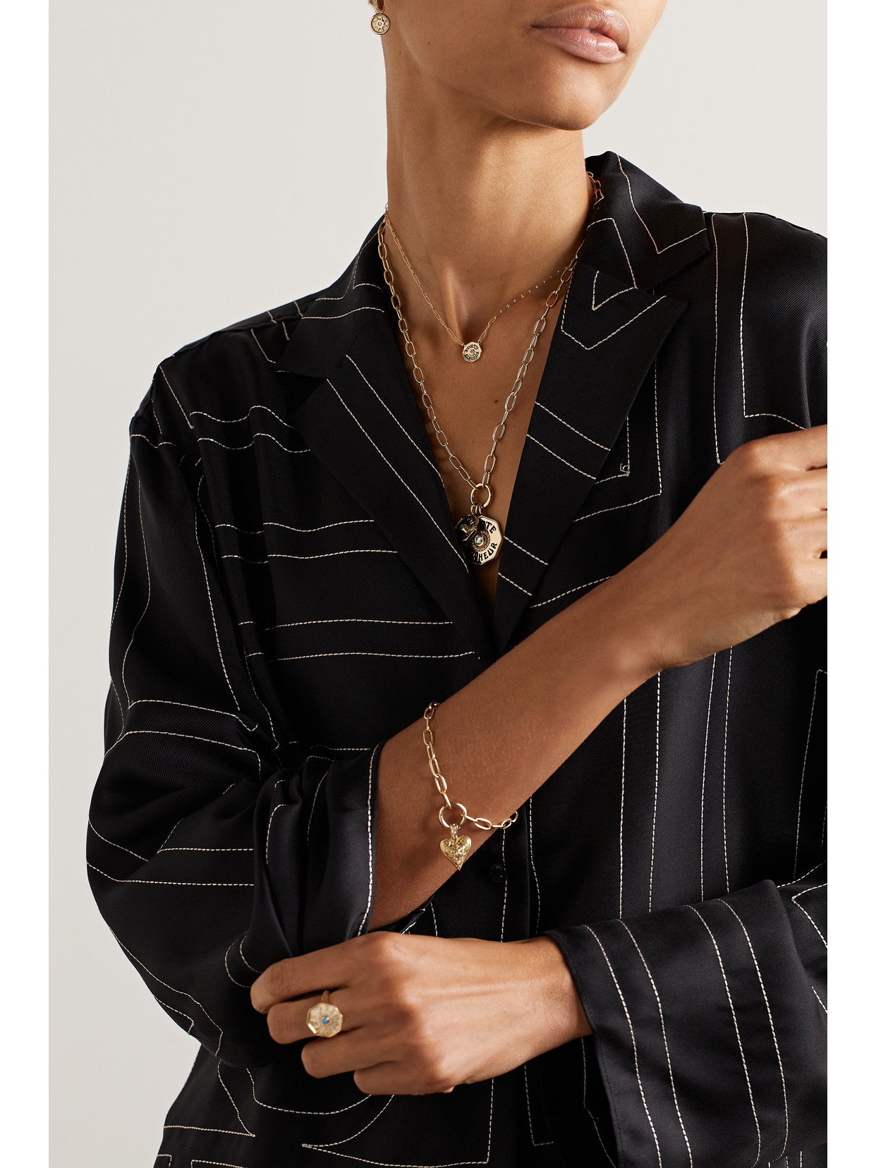 Marlo Laz Wee Porte Bonheur Coin 14-karat Gold, Enamel And Sapphire Necklace In Gold