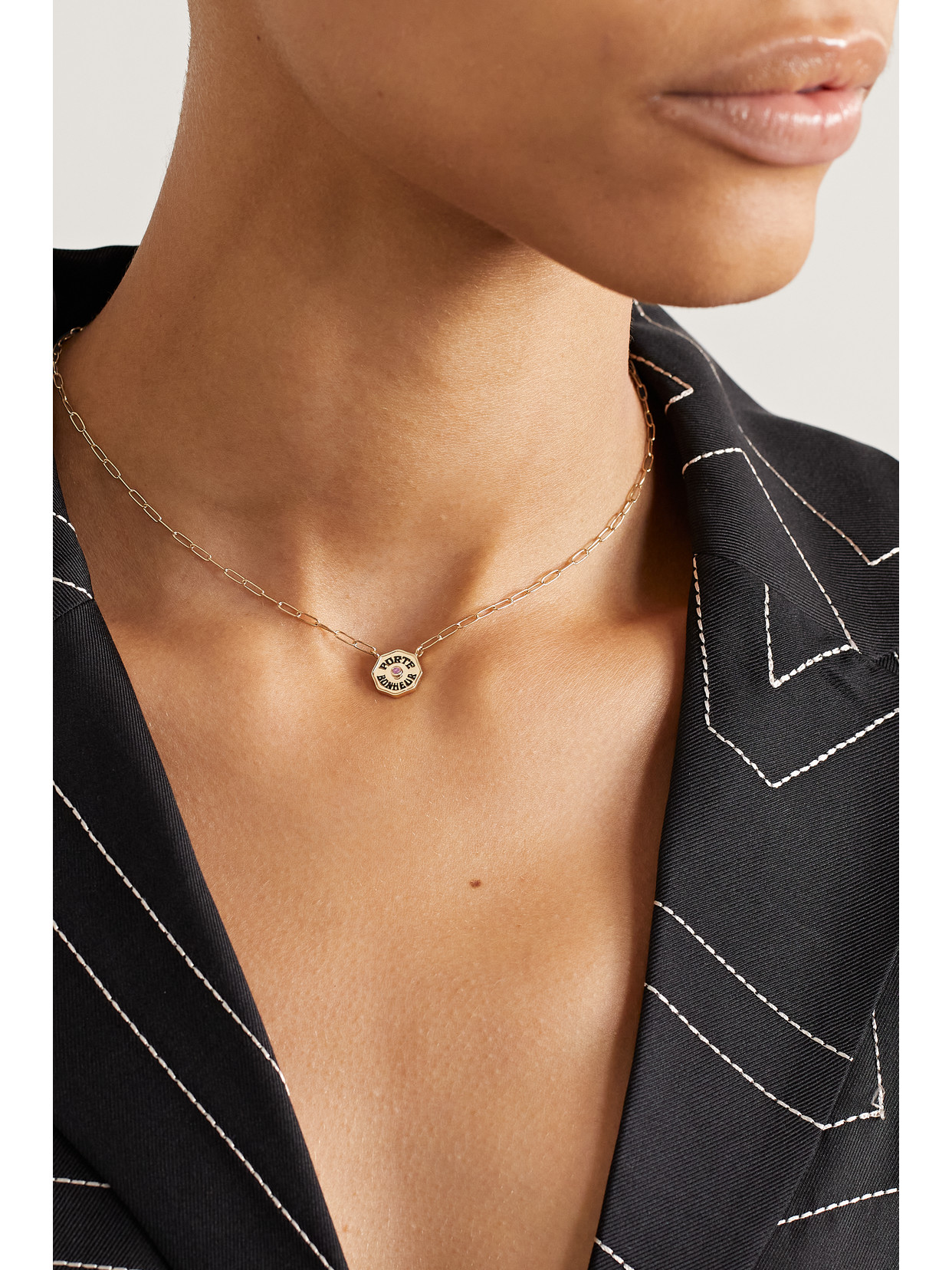 Marlo Laz Wee Porte Bonheur Coin 14-karat Gold, Enamel And Sapphire Necklace In Gold