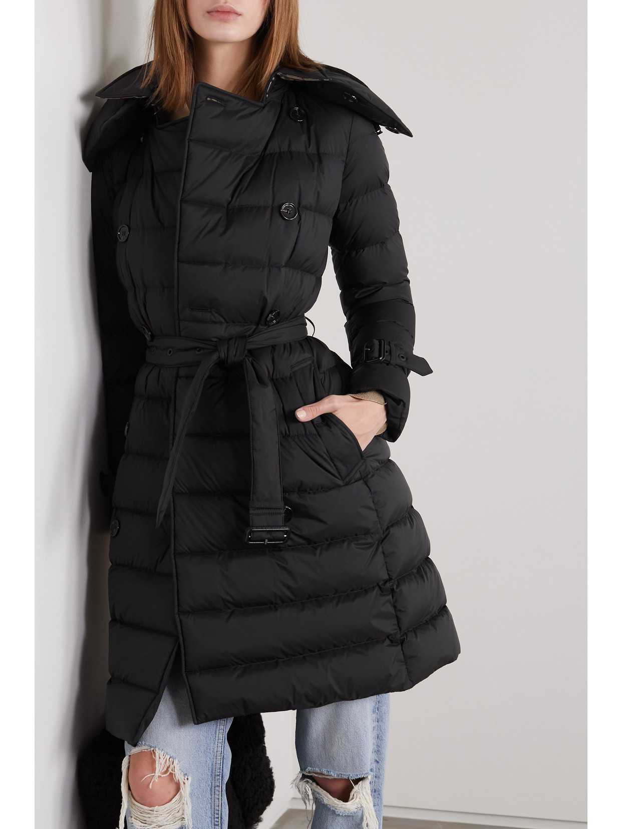 Shop Burberry Belted Hooded Double-breasted Quilted Shell Down Coat In Black