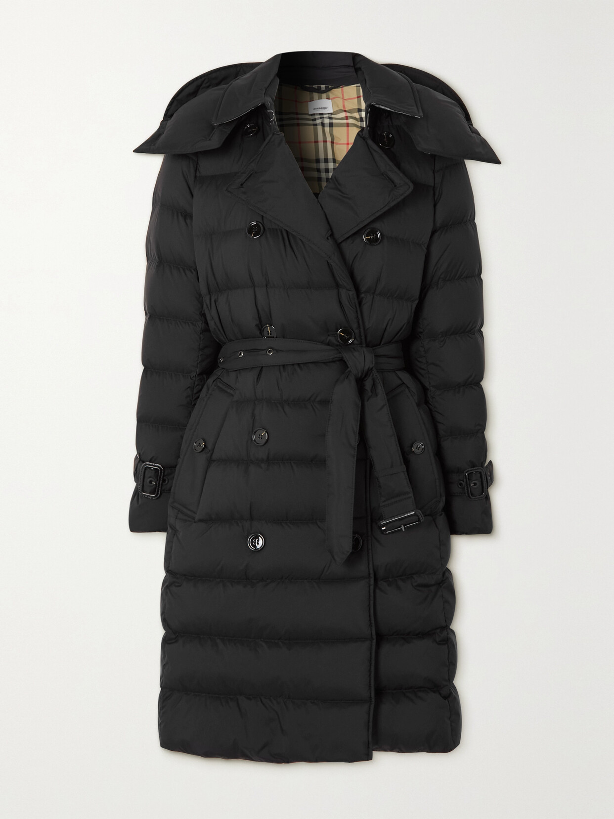 Burberry Belted Hooded Double-breasted Quilted Shell Down Coat In Black