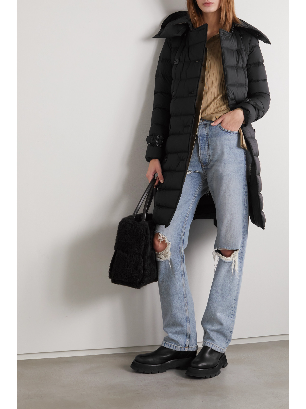 Burberry Belted Hooded Double-breasted Quilted Shell Down Coat In Black