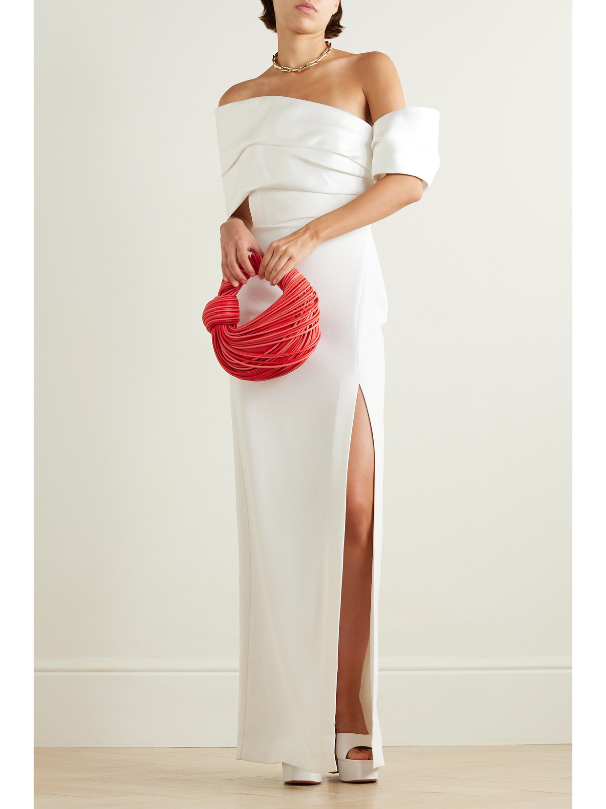 Shop Solace London Alexis Off-the-shoulder Crepe And Satin-twill Gown In Cream