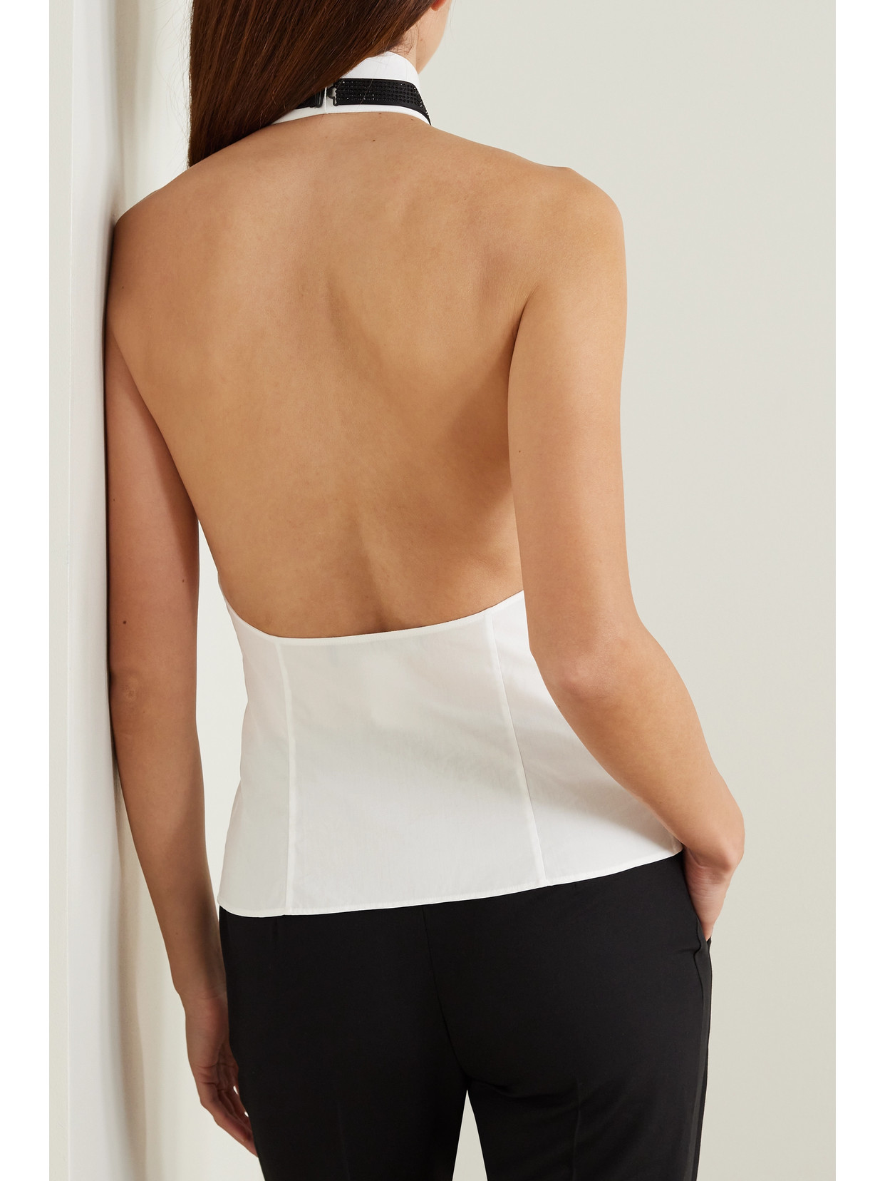 Collection - Sorrento Embellished Bow-Detailed Pleated Cotton-Poplin Halterneck Top