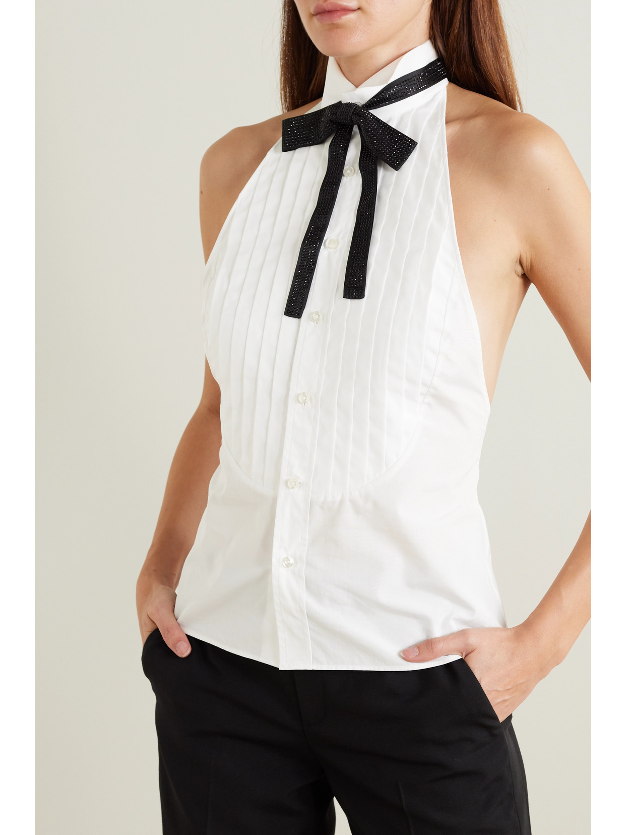 Collection - Sorrento Embellished Bow-Detailed Pleated Cotton-Poplin Halterneck Top