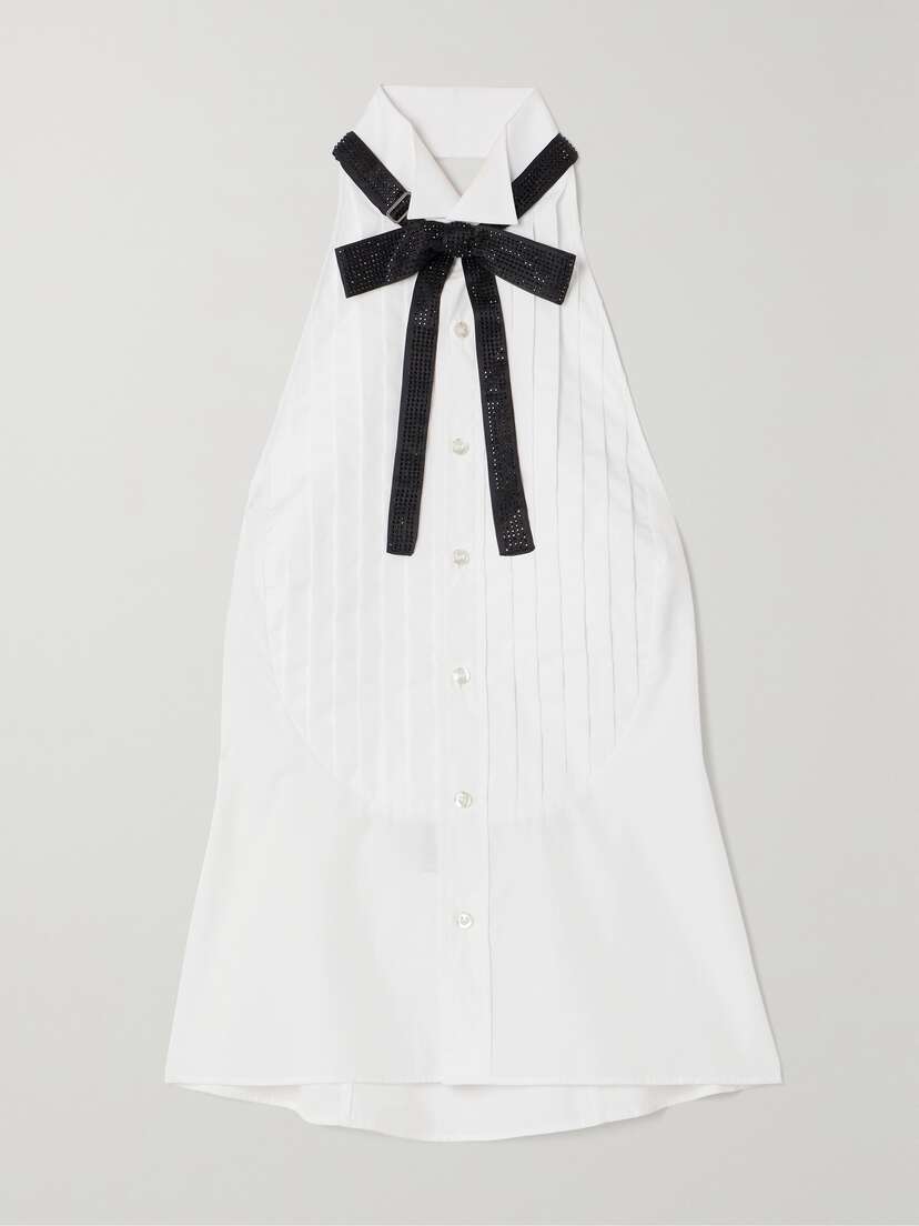 Ralph Lauren Collection Sorrento Embellished Bow-detailed Pleated Cotton-poplin Halterneck Top