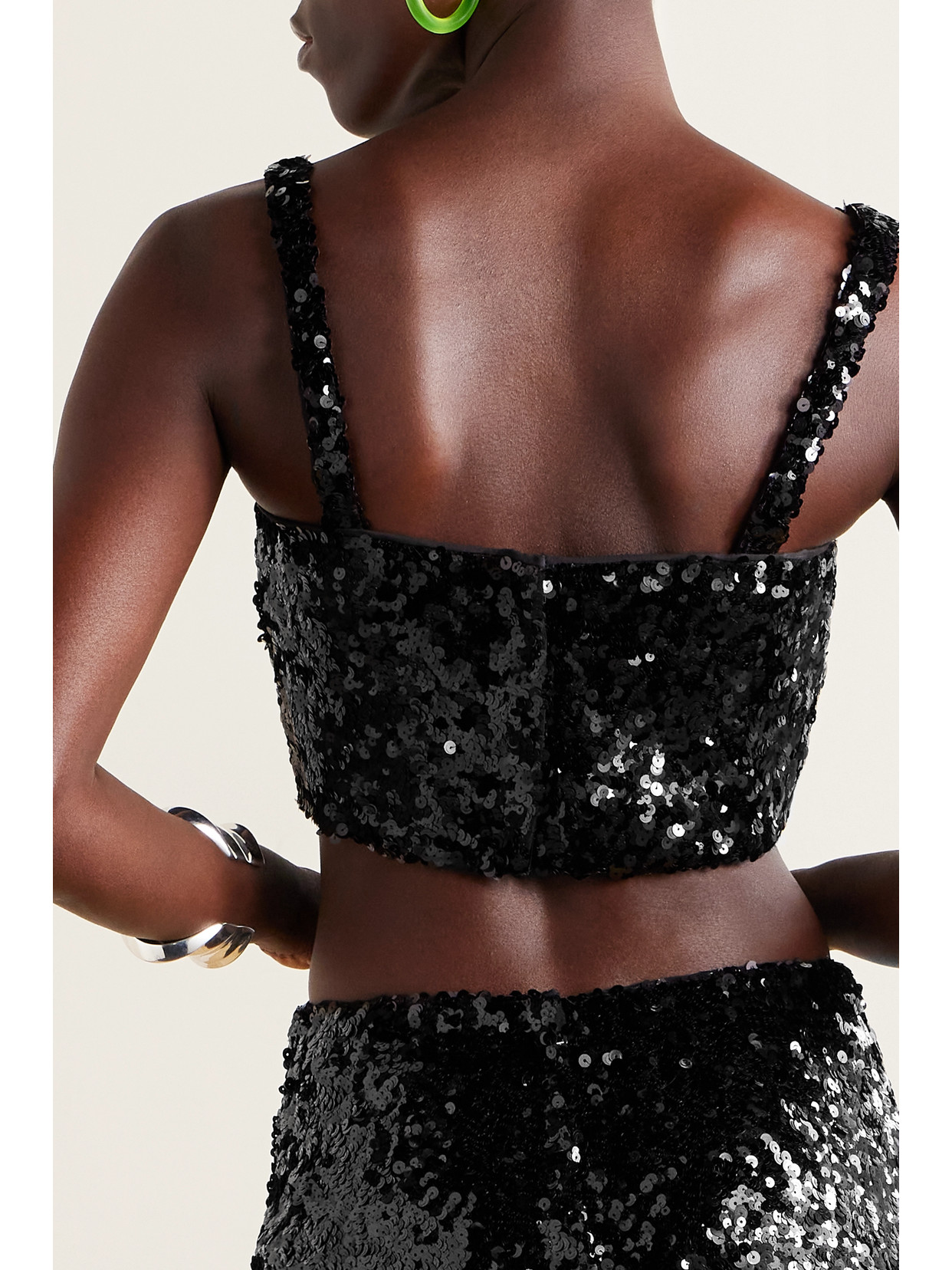 Cropped Sequined Stretch-Tulle Bustier Top