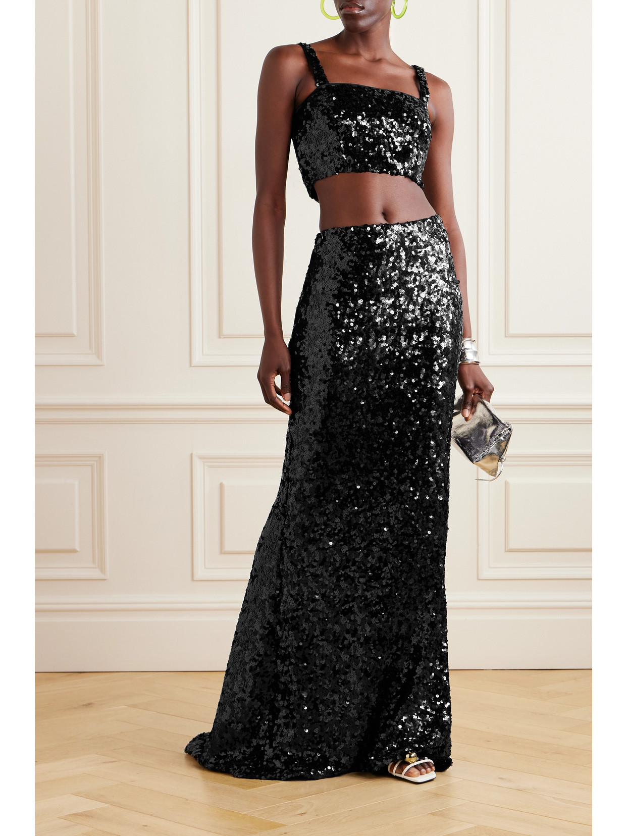 Cropped Sequined Stretch-Tulle Bustier Top