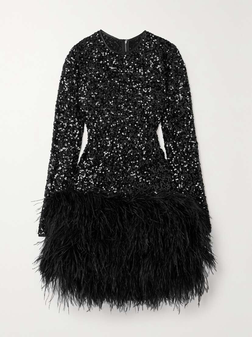 Dolce & Gabbana Feather-trimmed Sequined Tulle Mini Dress