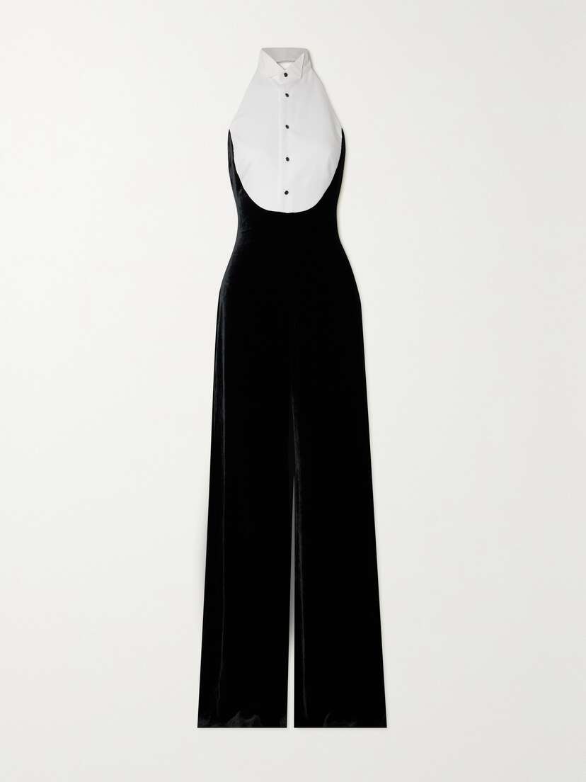 Ralph Lauren Collection Illeana Two-tone Piqué And Velvet Halterneck Jumpsuit