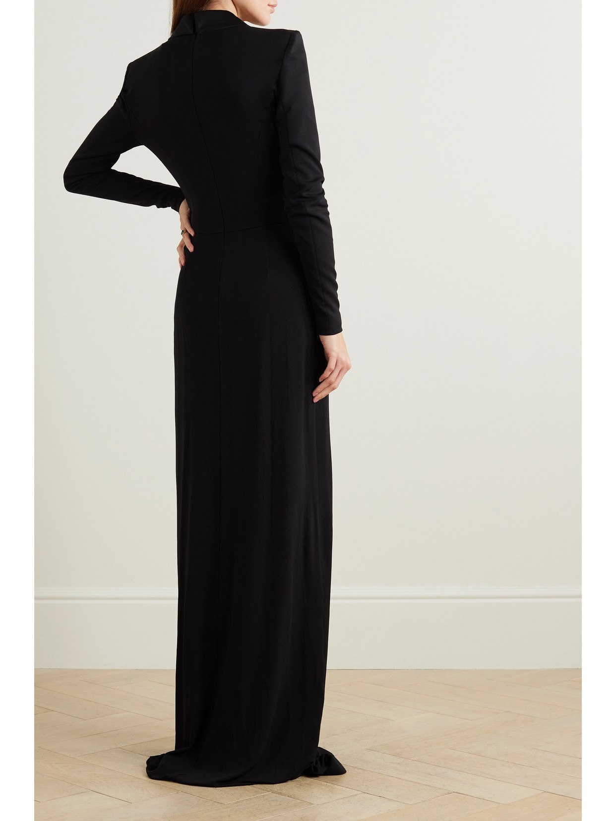 Shop Ralph Lauren Danon Satin-trimmed Stretch-crepe Gown In Black