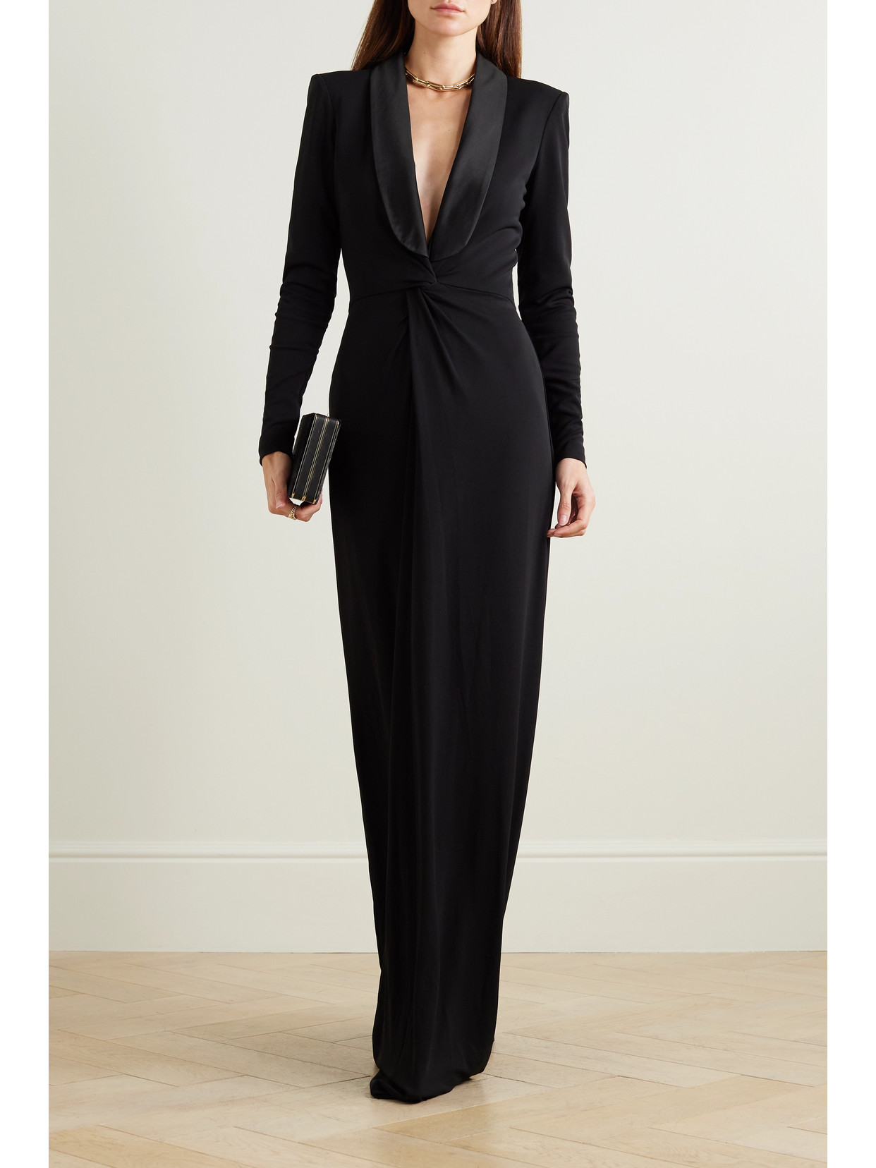 Shop Ralph Lauren Danon Satin-trimmed Stretch-crepe Gown In Black