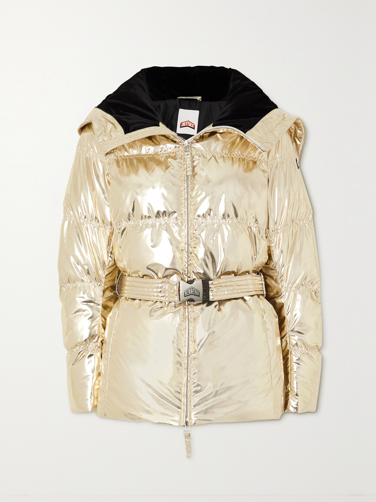 Jetset Chamonix Belted Quilted Padded Metallic Shell Jacket In Ivory