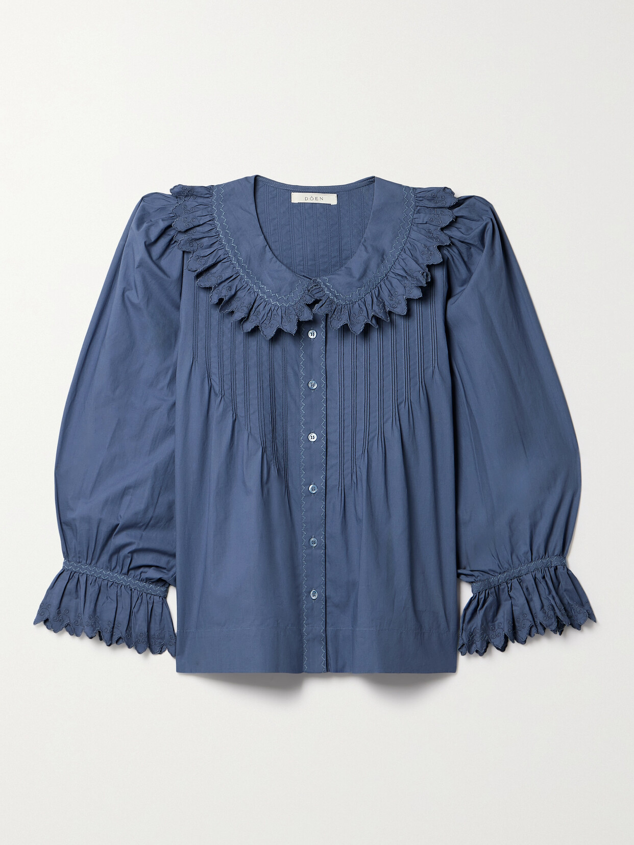 Doen Hickory Ruffled Pintucked Embroidered Organic Cotton-poplin Blouse In Blue