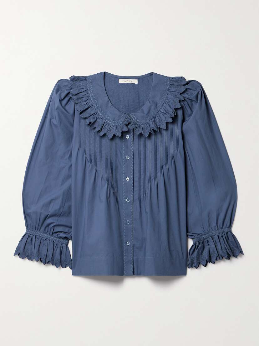 DÔEN + Net Sustain Hickory Ruffled Pintucked Embroidered Organic Cotton-poplin Blouse - xx large