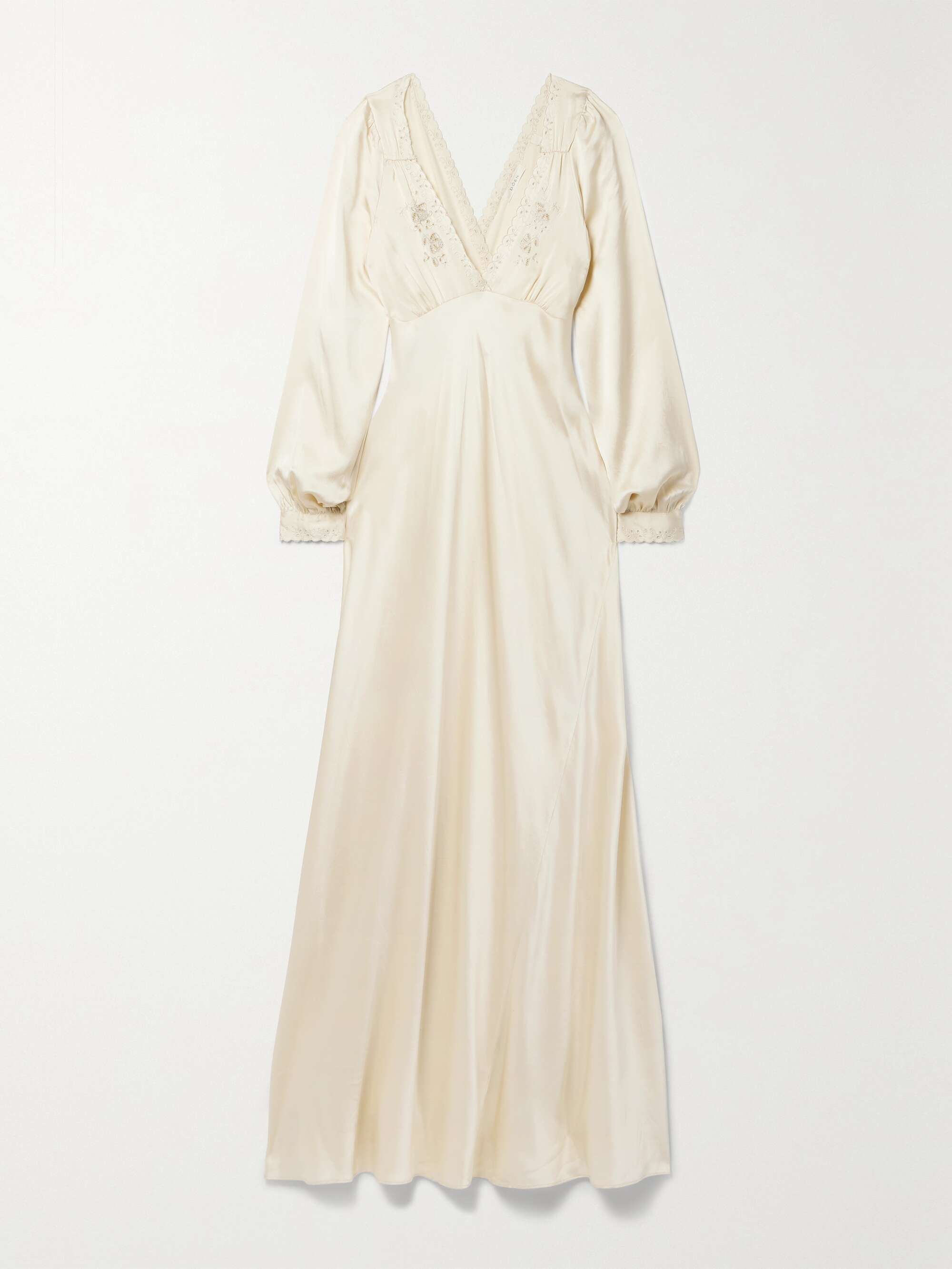 DOEN Fiora broderie anglaise trimmed silk satin maxi dress