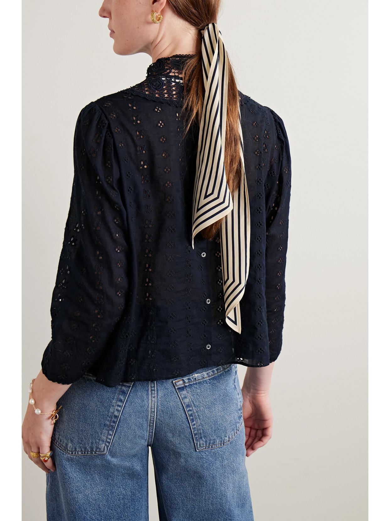 DOEN + NET SUSTAIN ESSIE GUIPURE LACE-TRIMMED BRODERIE ANGLAISE ORGANIC COTTON-VOILE BLOUSE