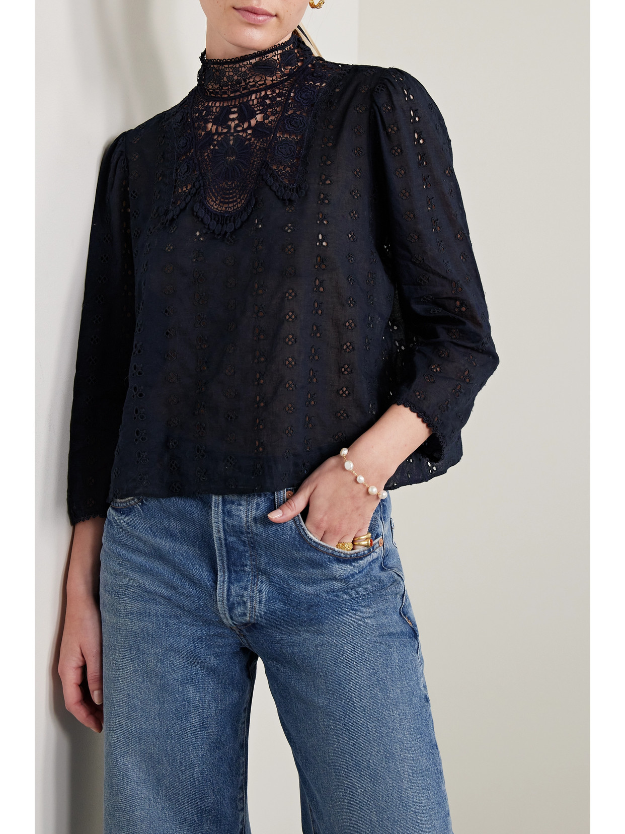 Shop Doen + Net Sustain Essie Guipure Lace-trimmed Broderie Anglaise Organic Cotton-voile Blouse In Blue