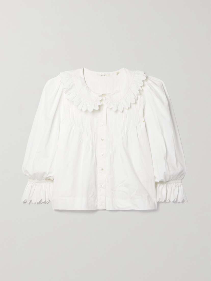 DÔEN + Net Sustain Hickory Ruffled Pintucked Embroidered Organic Cotton-poplin Blouse - xx large