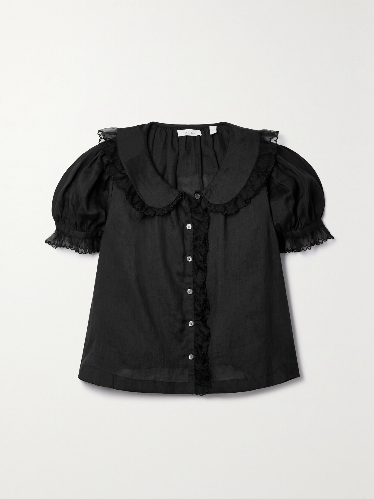 Doen Flute Ruffled Chiffon-trimmed Ramie Blouse In Black