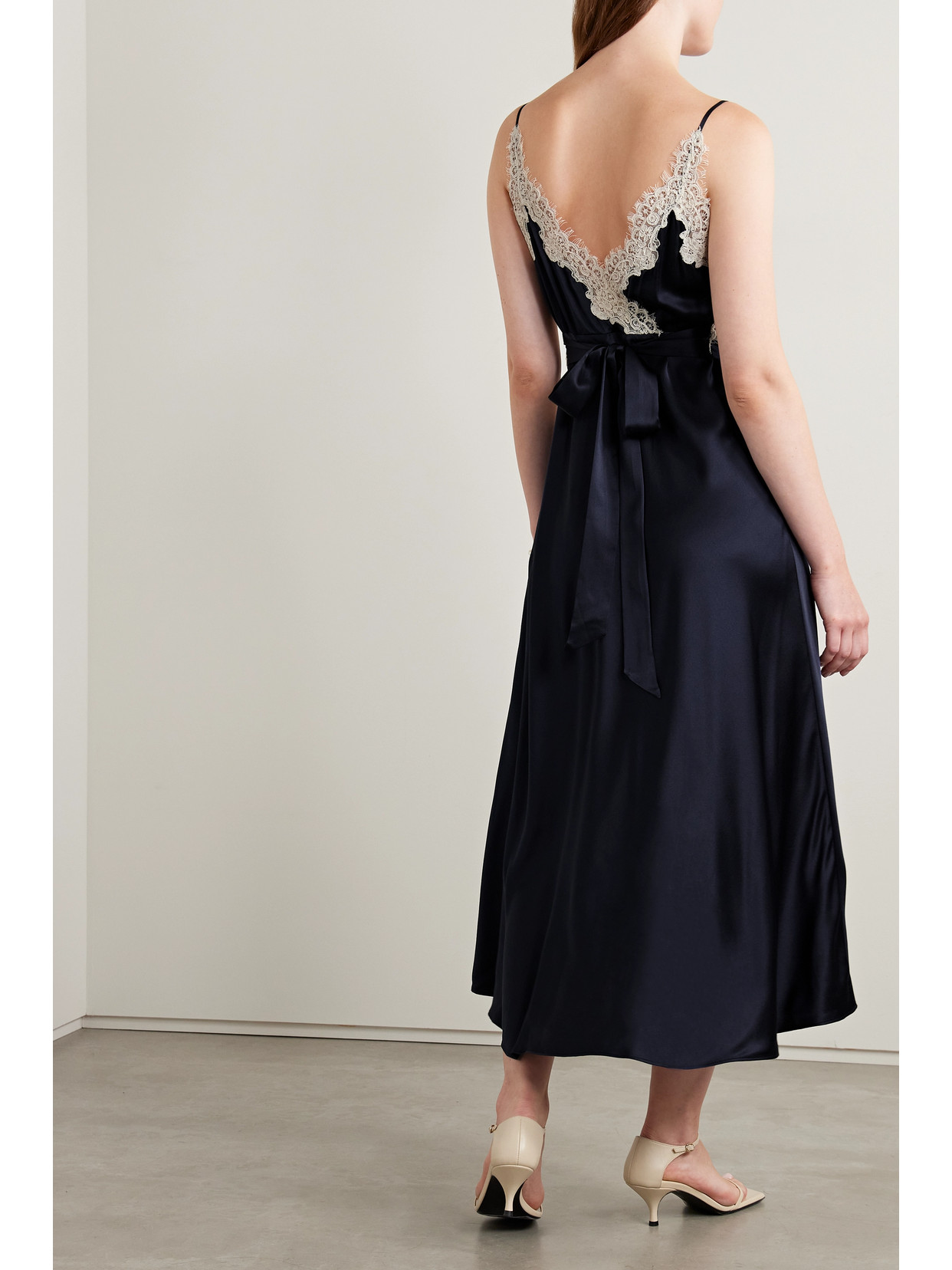 Shop Doen Obelia Corded Lace-trimmed Silk-satin Midi Dress In Blue