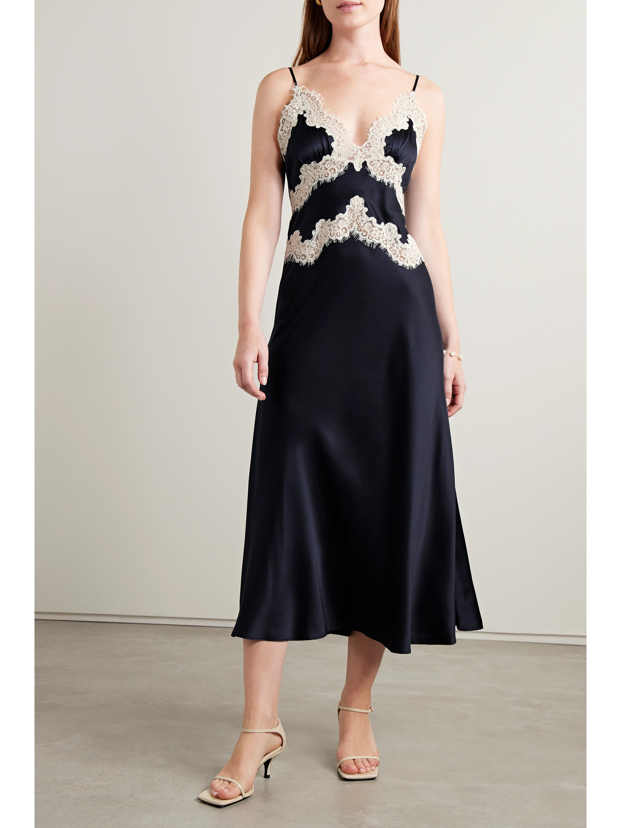DOEN OBELIA CORDED LACE-TRIMMED SILK-SATIN MIDI DRESS 