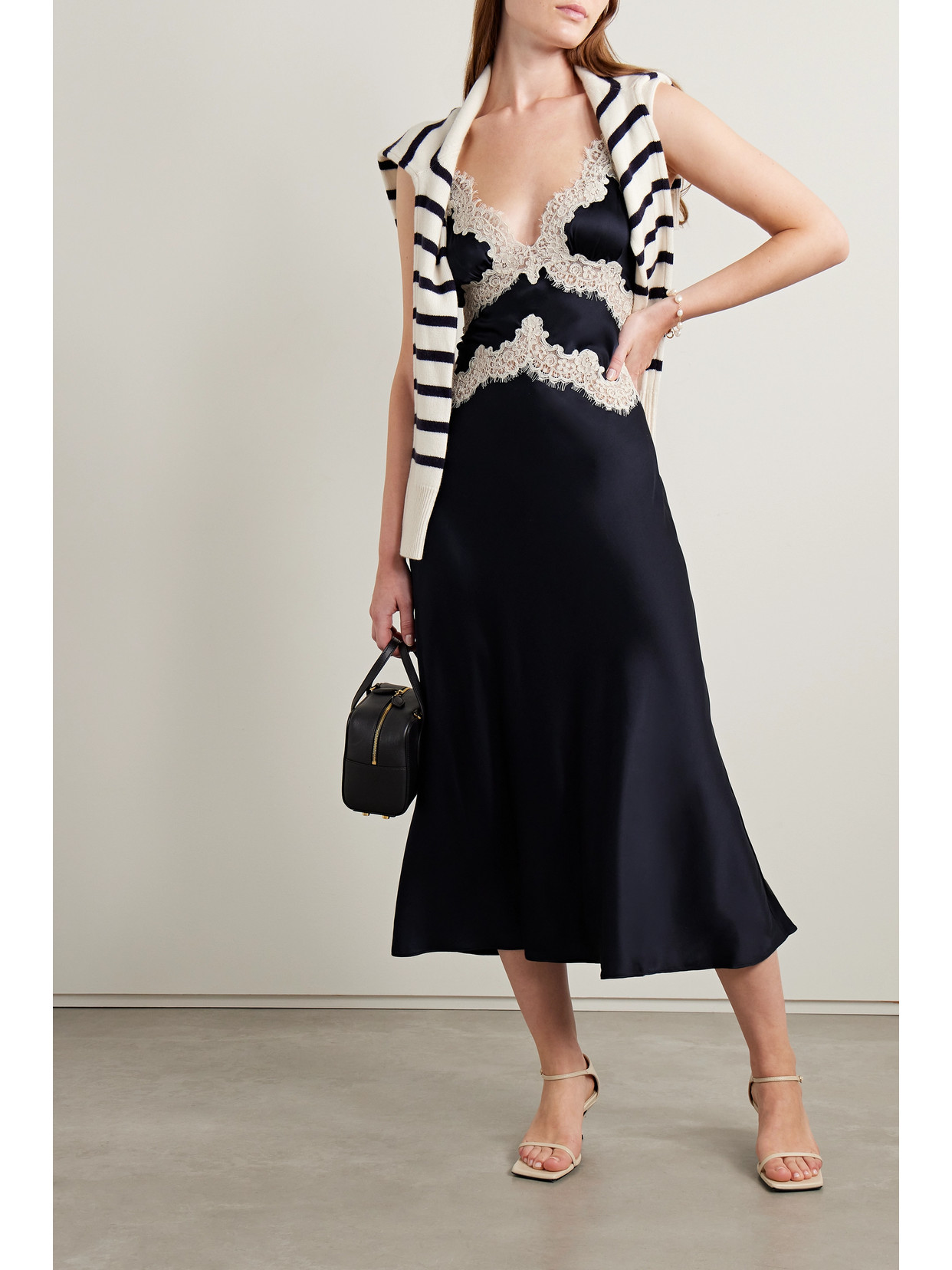 DOEN OBELIA CORDED LACE-TRIMMED SILK-SATIN MIDI DRESS 