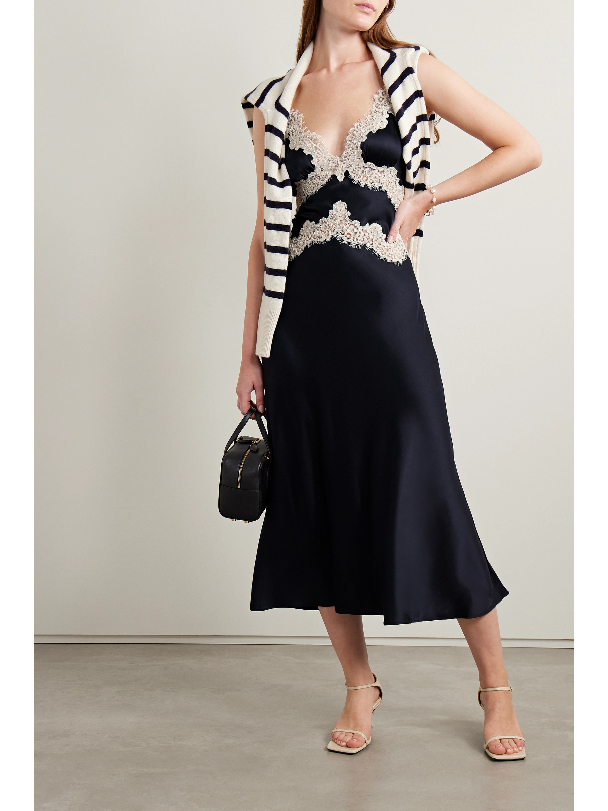 dôen obelia corded lace trimmed silk satin midi dress Dôen - Obelia corded lace-trimmed silk-satin midi dress
