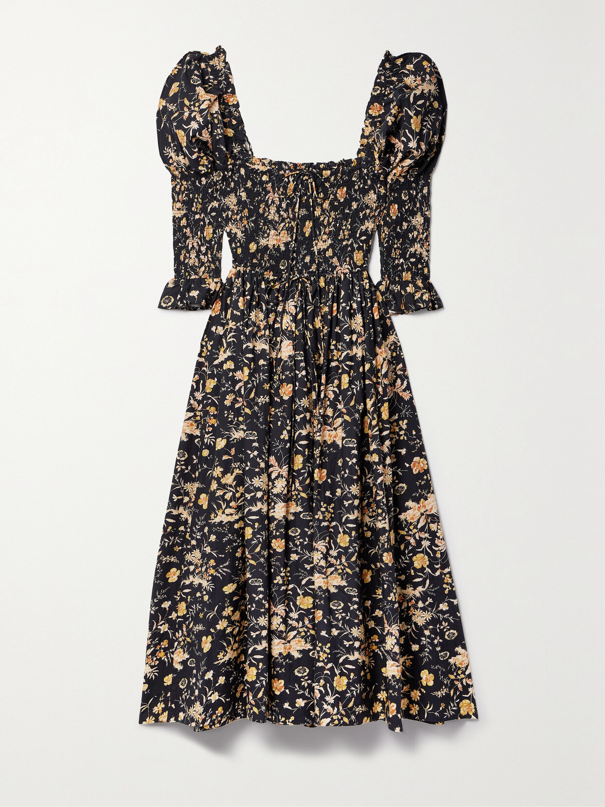 DOEN + NET SUSTAIN BIJOU SHIRRED FLORAL-PRINT ORGANIC COTTON-POPLIN MAXI DRESS